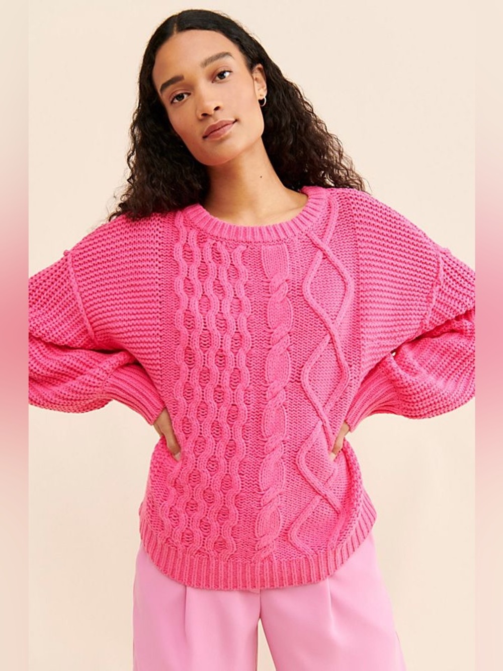 Free People Pink Dream Cable Crew Sweater Size Small